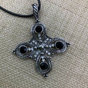 Lia Sophia Mezzanine Black Crystal Silver Tone Cross Pendant Necklace